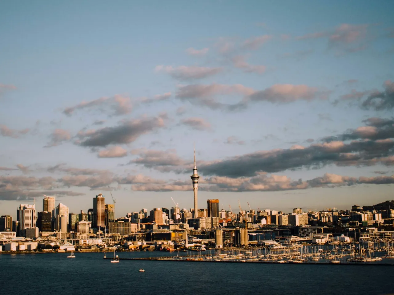 Auckland skyline and Sky Tower across the Waitemata Harbour
