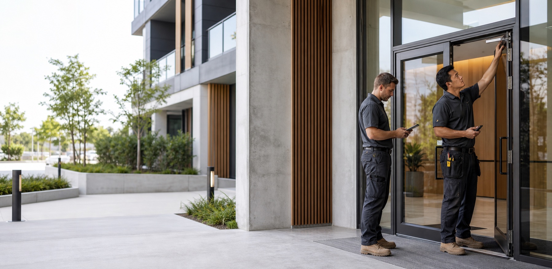 Maintenance technicians servicing the entrance of a modern apartment building