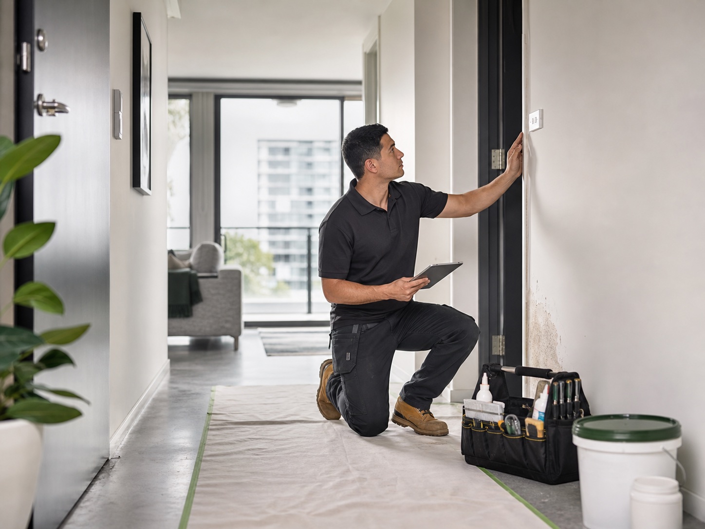 Technician inspecting a wall and door frame repair in a modern apartment